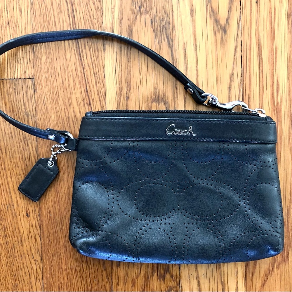 Coach Black Smooth Leather Perforated ‘C’ Wristlet Wallet